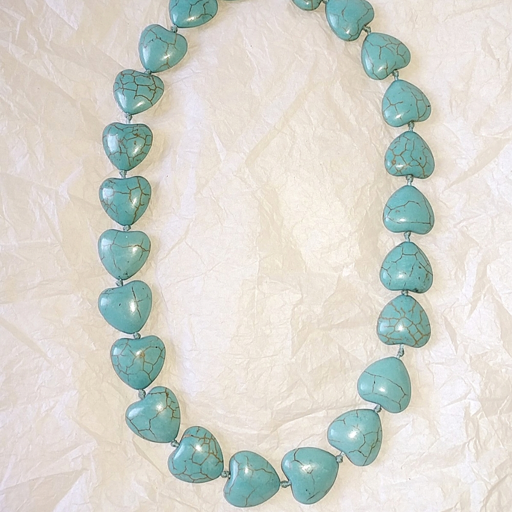 Turquoise Colored Heart Beads Necklace - 18" Long - Picture 2 of 6